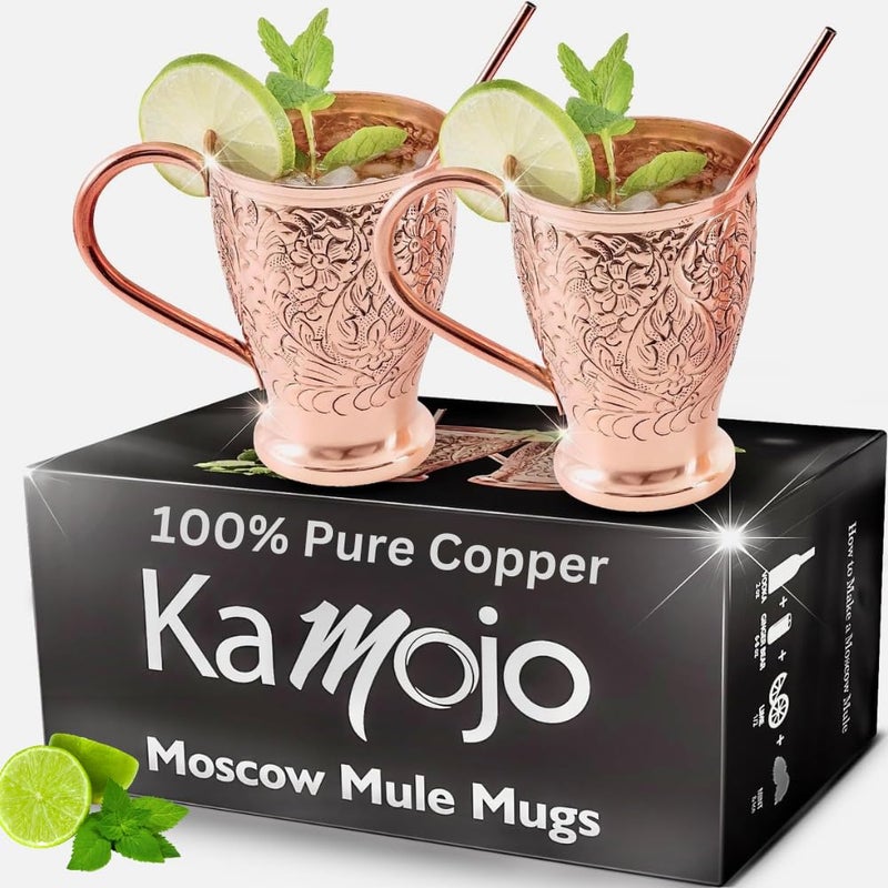 Kamojo Copper Cups Set of 2 with Unique Handcrafted Embossed Design with Anti-Tarnish Food-Grade Coating - Moscow Mule Copper Mugs Gift Set with 2 Straws & Recipe E-Book, 16 oz - Image 1